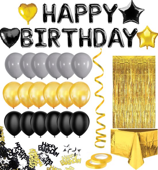 8720256585466 - Ballons Geburtstag Dekoration mit Tischtuch und Girlanden - Helium - Schwarz Gold