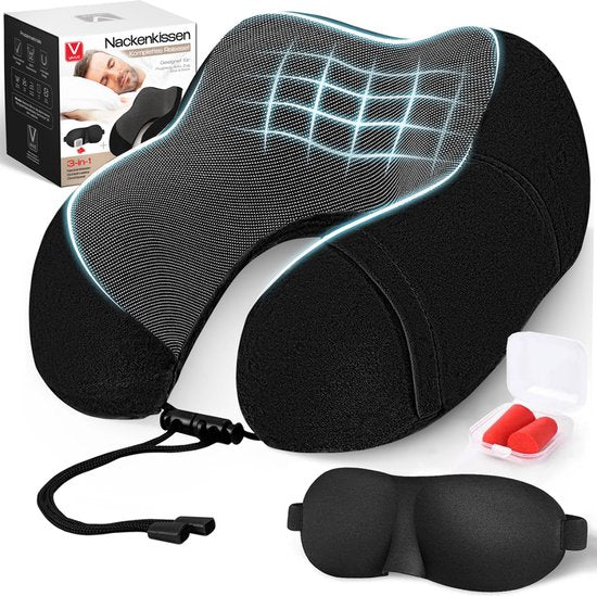 8720256585763 - Comfort Neck Pillow Airplane & Car - Optimale Unterstützung - Memory Foam - Reisekissen - Plus Sleep Mask & Earplugs