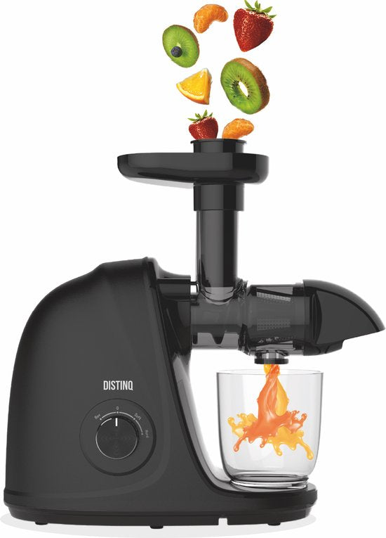 8720256690320 - DistinQ® Slowjuicer mit Fruchtfleischbehälter - 2 Positionen Soft und Hard - Schwarz - 700ml Saftbecher und 1400ml Fruchtfleischbehälter