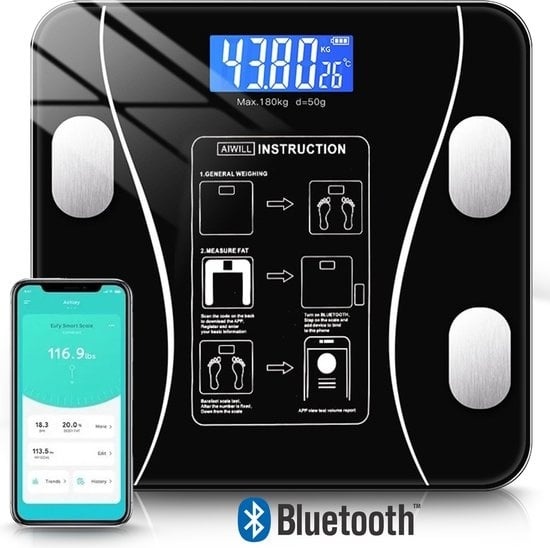 8720256794516 - PuroTech Smart Scale - Körperanalyse & Fettprozentmesser - Mit App - Smart Scale - Schwarz - Bluetooth - Personenwaage