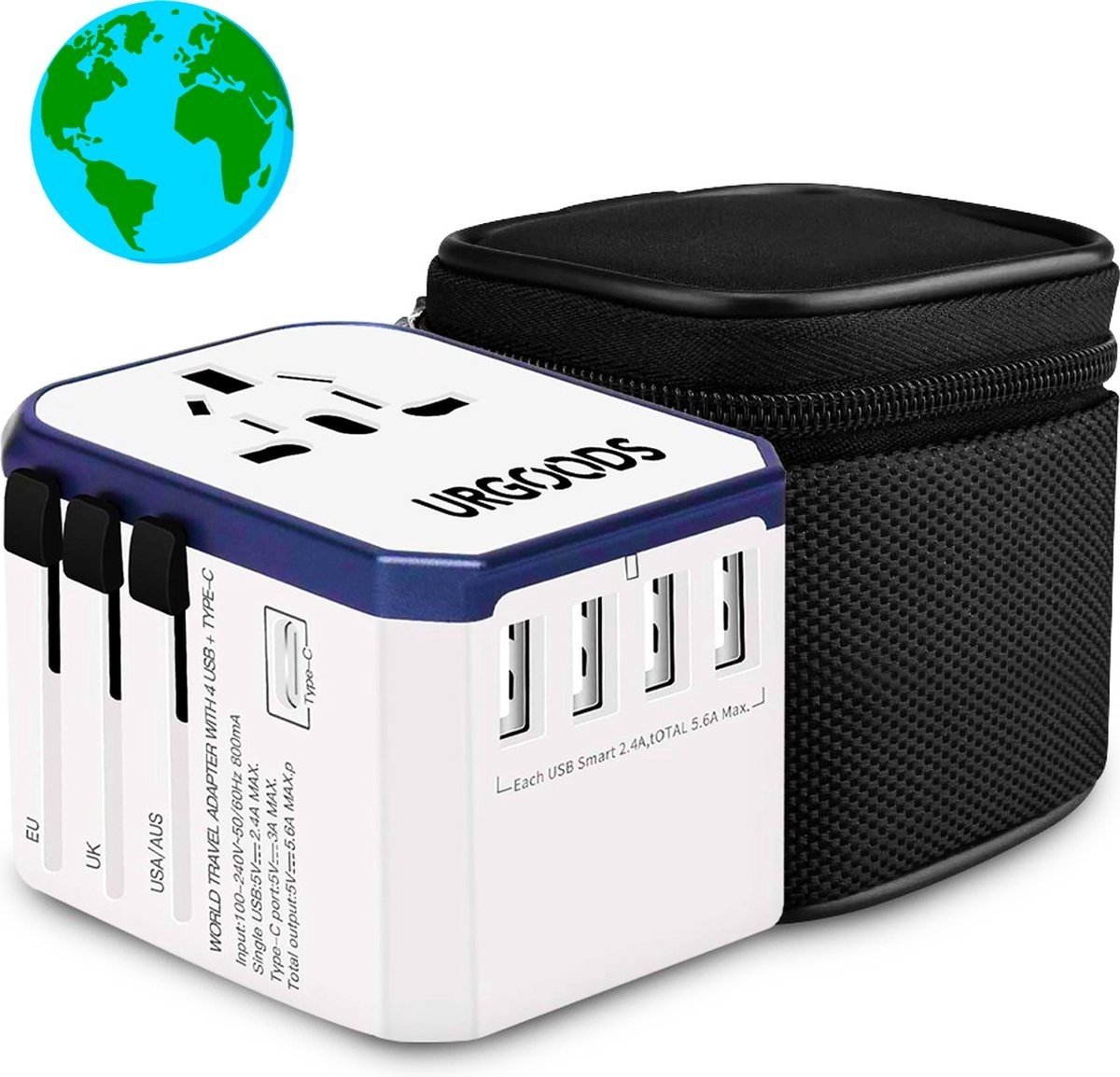 8720256830795 - World Universal Plug - Internationaler Reisestecker - USB-C und 4 USB-Anschlüsse - 150+ Länder Amerika und UK - 2000 Watt - Weiß mit Schutzhülle