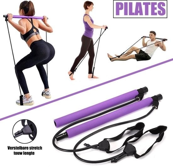 8720256879435 - Pilates Stick - Pilates Bar - Widerstandsband - Widerstandsband - Fitness Gummiband - Fitness Krafttraining - Fitness - Pilates - Indoor - Outdoor - Ganzkörpertraining - Lila- Einstellbare Länge des Stretchseils