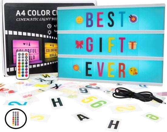 8720256879619 - A4 Farb-Lichtkasten mit Fernbedienung - 96 schwarze Buchstaben+90 Regenbogenbuchstaben - Mit Fernbedienung - 4 6 8 Stunden Zeitmessung - USB+Batteriebetrieb