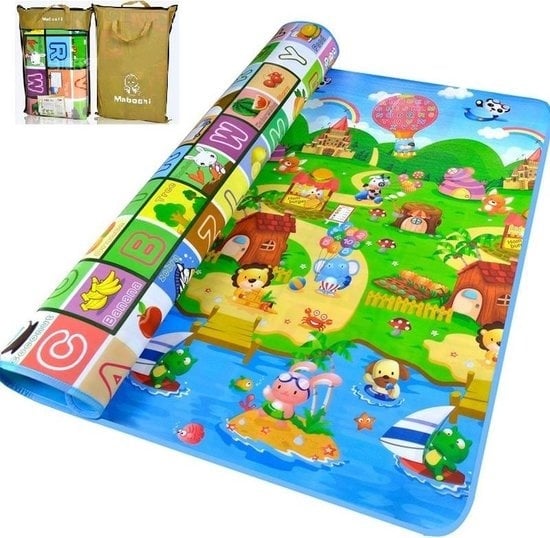 8720256879657 - Maboshi Spielmatte - 180x200cm - in fröhlichen Farben - beidseitig bespielbar - Lauflernunterlage Krabbelunterlage - geeignet als Kinderkrabbeldecke - Yogamatte - Picknickdecke und Sportmatte - schützt vor Feuchtigkeit - Geschenke für Kinder