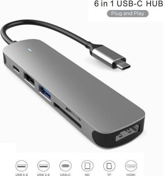 8720256879732 - 6 in 1 USB-C HUB - USB30 + SD TF + HDMI + USB-C - Blinklicht