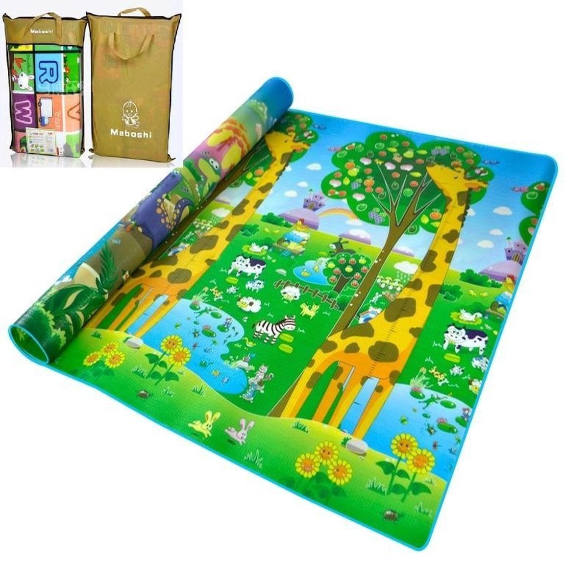 8720256879855 - Maboshi Spielmatte - 180x200cm - in fröhlichen Farben - Giraffe - beidseitig bespielbar - Baby Lauflernunterlage Krabbelunterlage - geeignet als Krabbeldecke - Yogamatte - Picknickdecke und Sportmatte - Schutz vor Feuchtigkeit - Geschenke für Kinder