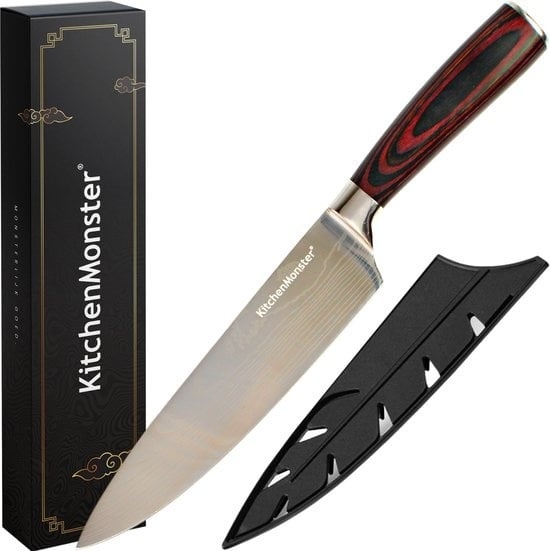 8720256892854 - KitchenMonster® Kochmesser 20 cm - Küchenmesser Geeignet für Fleisch Fisch Großes Brot - Japanisches Kochmesser Inklusive Klingenschutz