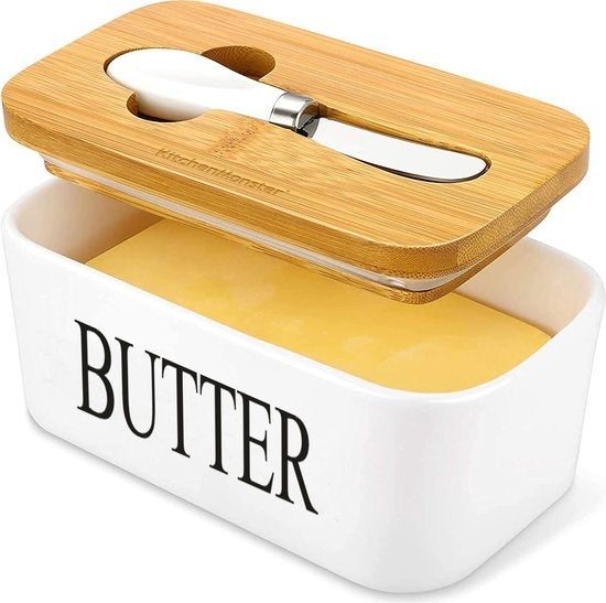 8720256892861 - KitchenMonsterÂ® Butterdose mit Buttermesser - 600 ml Butterdose Frischebox aus Keramik und Bambus - Butterdose mit Deckel Weiß