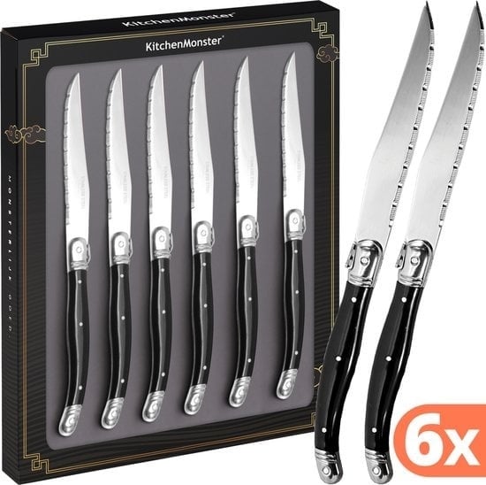 8720256892908 - KitchenMonster® Steakmesser Laguiole Deluxe - Messerset 6-teilig - Edelstahl Steakmesser spülmaschinenfest - schwarz