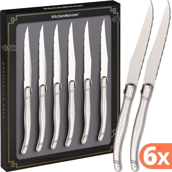 8720256892915 - KitchenMonster® Steakmesser Laguiole Deluxe - Messerset 6-teilig - Edelstahl Steakmesser spülmaschinenfest