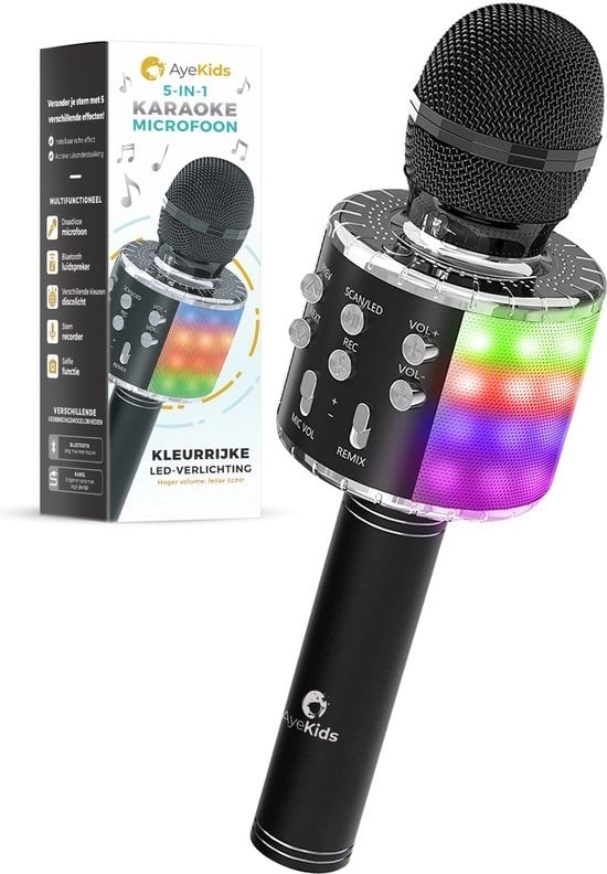 8720256929192 - 5-in-1 Karaoke-Mikrofon - Drahtlos & Bluetooth - Eingebauter Lautsprecher & Disco-Lichter - Inkl AUX-Kabel - Mikrofon Kinder - Karaoke-Set - Schwarz