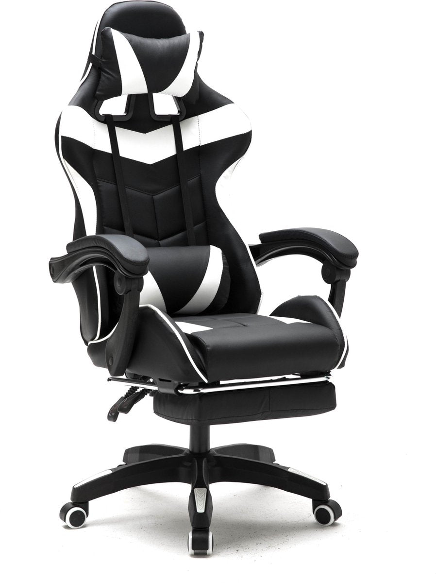 8720289507473 - Game Chair - Ausziehbar - Max 110kg - Inkl Nackenkissen - 128 x 63 x 50cm - Schwarz & Weiß