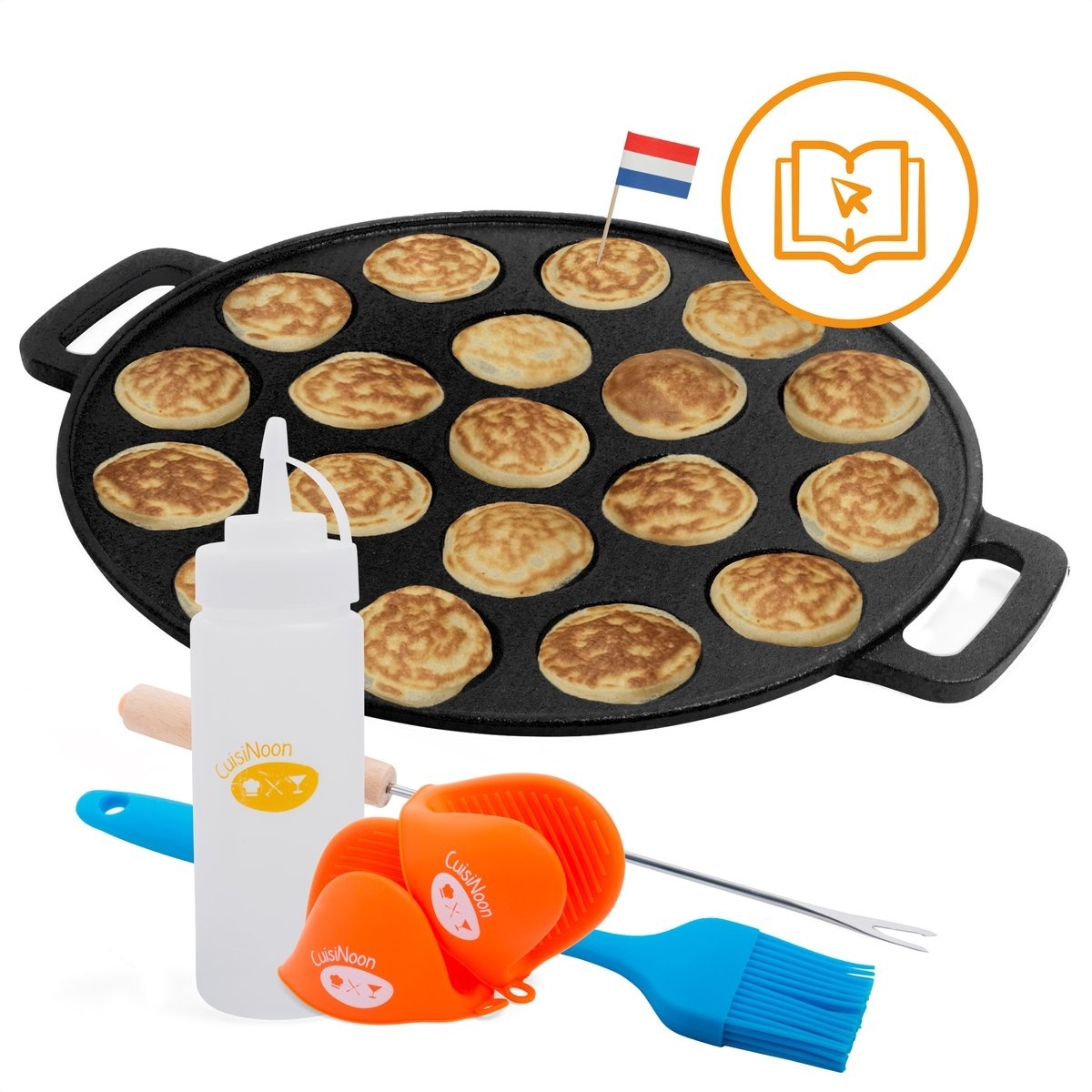 8720299140103 - CuisiNoon® Poffertjes-Pfanne Premium - Komplettes Poffertjes-Macher-Set - inklusive Backbuch