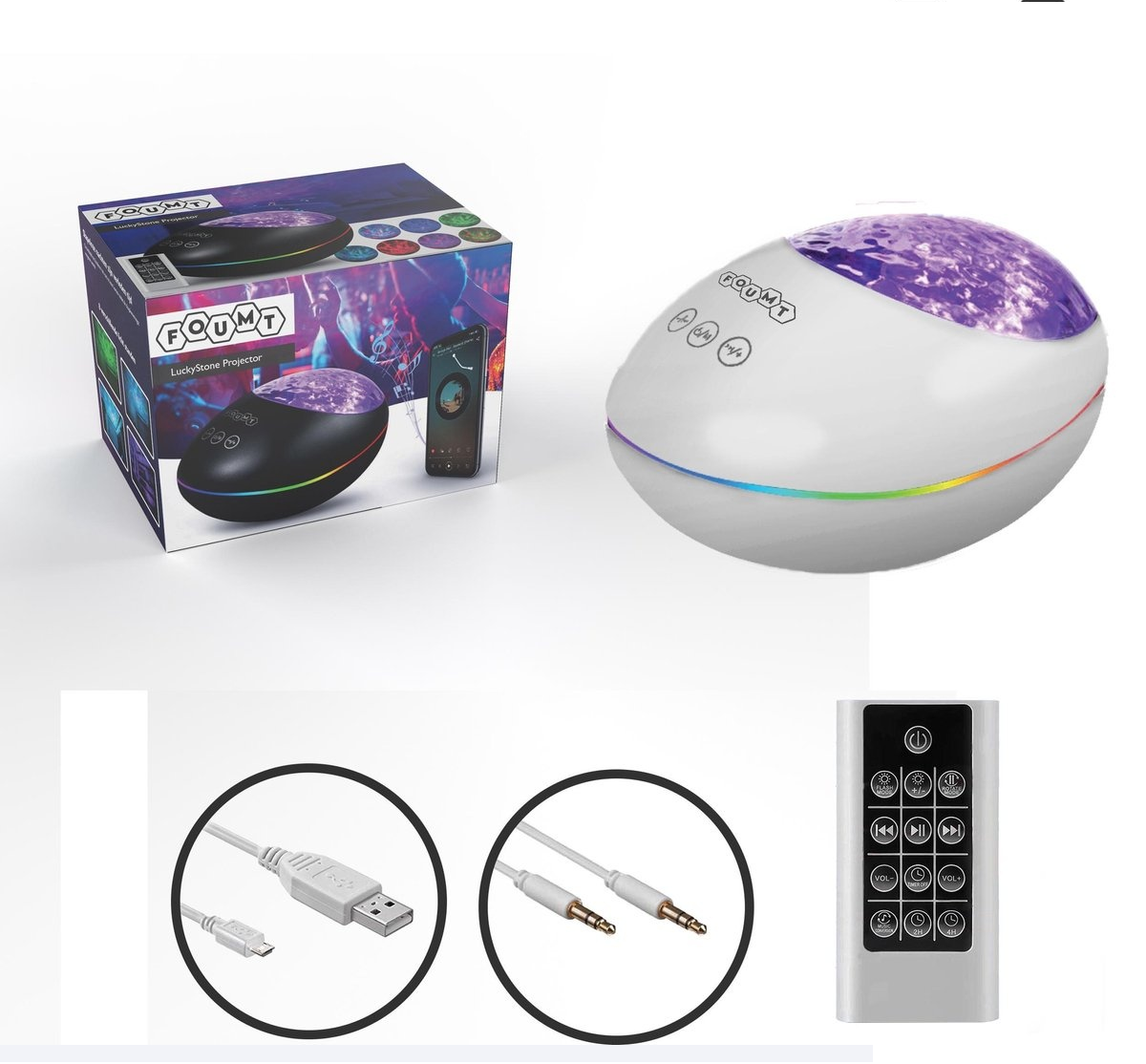 8720299165335 - Foumt LuckyStone - Sternenprojektor - Nachtlicht - Galaxy-Projektor - Musikbox bluetooth - Weiß