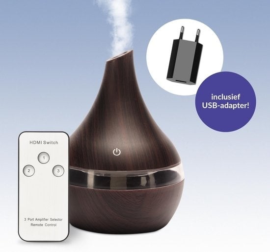 8720299237964 - The Care Store Luftbefeuchter - Inkl Fernbedienung und USB-Adapter - 300ml - 7 Farben LED Umgebungslicht - Dunkle Holz-Optik