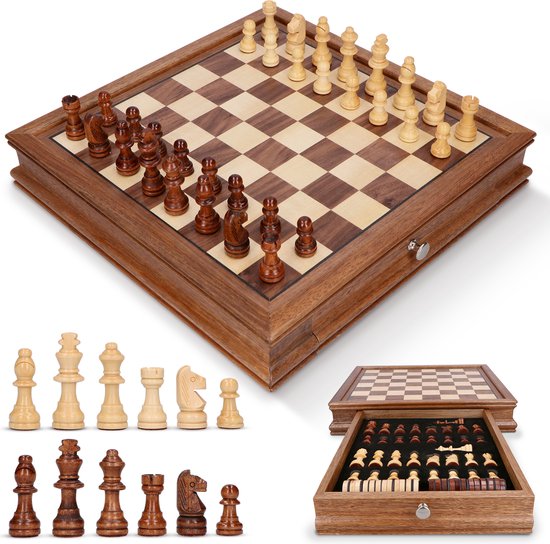 8720299772366 - Handgefertigtes Luxus-Schachbrett mit Schachfiguren und Damespiel - Inkl Aufbewahrungsschublade und digitalem Schachbuch - Schachspiel Schach Schachset Schachbretter - Erwachsene & Kinder - Magnetisch   Walnussholz