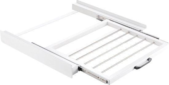 8720299954038 - Bodo® - Stapelset für Waschmaschine und Trockner - Zwischenstück mit Handtuchhalter - Einschiebbare Ablage - Inklusive Anti-Stolper-Gummi - Weiß