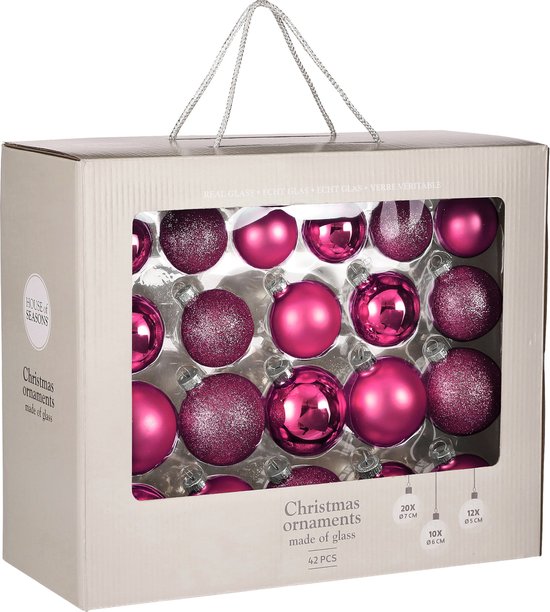 8720362603825 - Weihnachtskugel-Set - 42 Stück - Ø7 cm - Glas - Fuchsia