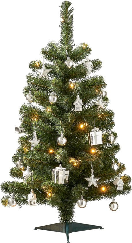 8720362940999 - Trees Joy Künstlicher Weihnachtsbaum mit 26 Ornamenten und LED-Lichtern - H90 x Ø50 cm - Grün Silber