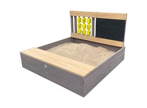 8720365061820 - Kitty Sandkasten aus fsc Holz mit Sitzbank Stauraum Kreidetafel & Tic-Tac-Toe Sandbox in Grau & Braun inklusive Bodenplane 100 x 100 cm - Grau - AXI