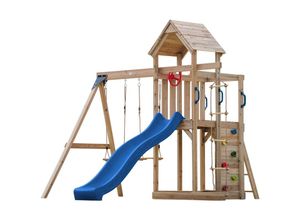 8720365062100 - Moos Spielturm aus Holz mit 2 Schaukeln & Strickleiter xxl Spielhaus   Spielplatz für Kinder mit Kletterwand Sandkasten & Rutsche in Blau