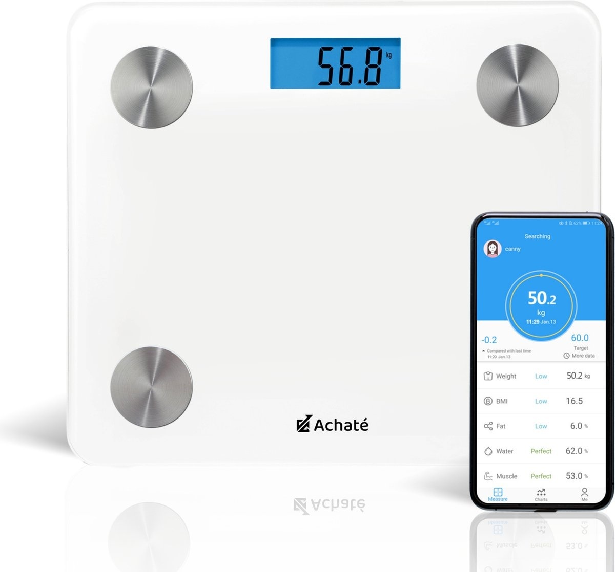 8720387242450 - Smart Scale mit App - 12 Körperanalysen - Intelligente Personenwaage - 8 Benutzer - inkl Batterie - Weiß