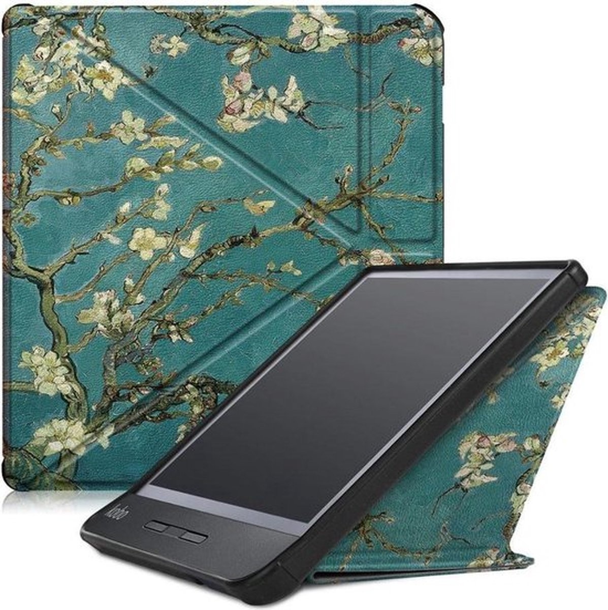 8720387242887 - Kobo Libra 2 Case - Mit Magnetverschluss und Auto Sleep Funktion - Hülle - Origami - Mandelblüte von Gogh - Limitierte Auflage - Hohe Qualität