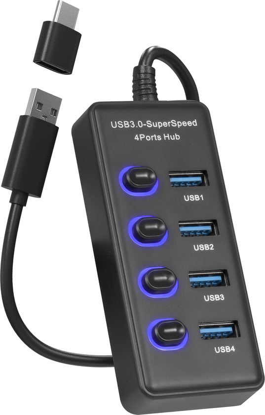 8720387501113 - - USB-Hub 30 - 4 Ports - Splitter - USB-C-Hub Adapter - Universal - Ein Aus-Schalter - Schwarz