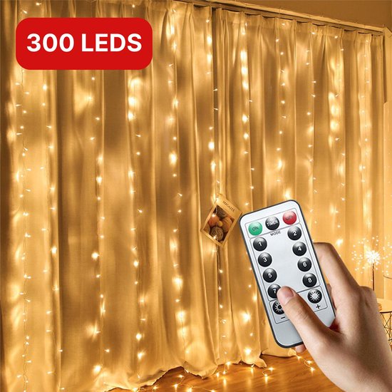 8720387501700 - - LED-Lichtvorhang inklusive Fernbedienung mit 8 Stufen - Weihnachtsbeleuchtung für drinnen und draußen - 300 Leds - 3x3 Meter - Warmweiß - Weihnachtsdekorationen - Weihnachtsdekoration