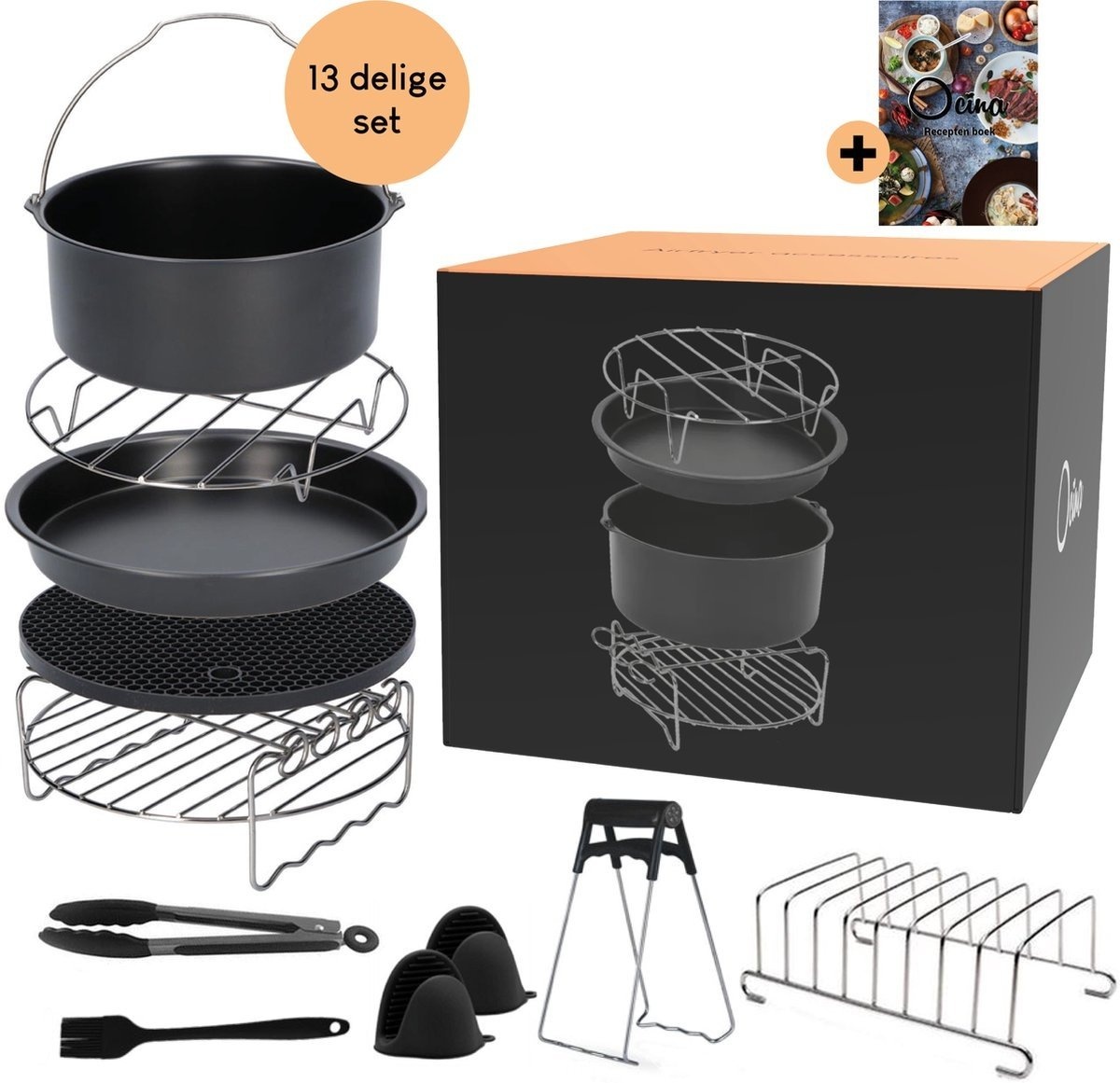 8720387806904 - Airfryer Zubehör - 13-teiliges Set - Heißluftfritteuse - Inkl Kochbuch - Schwarz