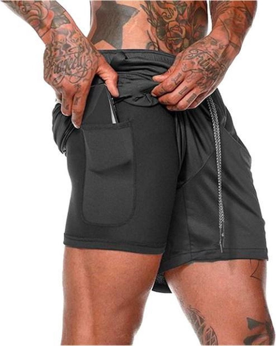 8720387823017 - MWÂ¬Ã† - Sportbroek Heren - Fitnessbroek - Sportkleding - 2 in 1 Shorts - Hardloopbroek (Zwart - XXL)