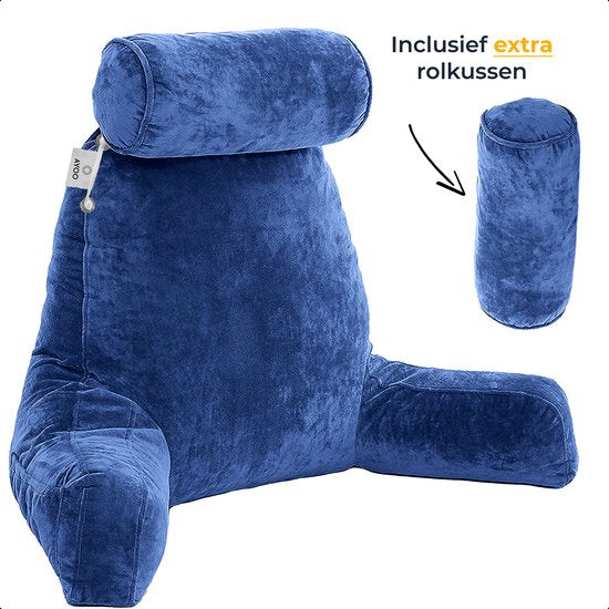 8720387917549 - AYOO® Lesekissen - Buchsitz - Bettlesekissen - Buchlesekissen - Meditationskissen - Rückenstütze - Zwei Kissenrollen - Memory Foam - Samt - Marineblau - Feste Unterstützung