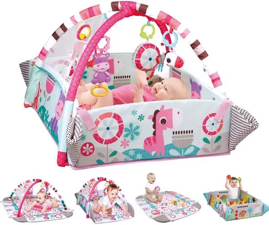 8720512303421 - Spielmatte Baby 5in1 + Bauchtrainer - BABYGYM MIT VERSTELLBAREN WÄNDEN - Ballspielplatz inkl 30 Bälle + 5 Spielzeuge - Activity Gym Baby - Babygeschenk - 0m+