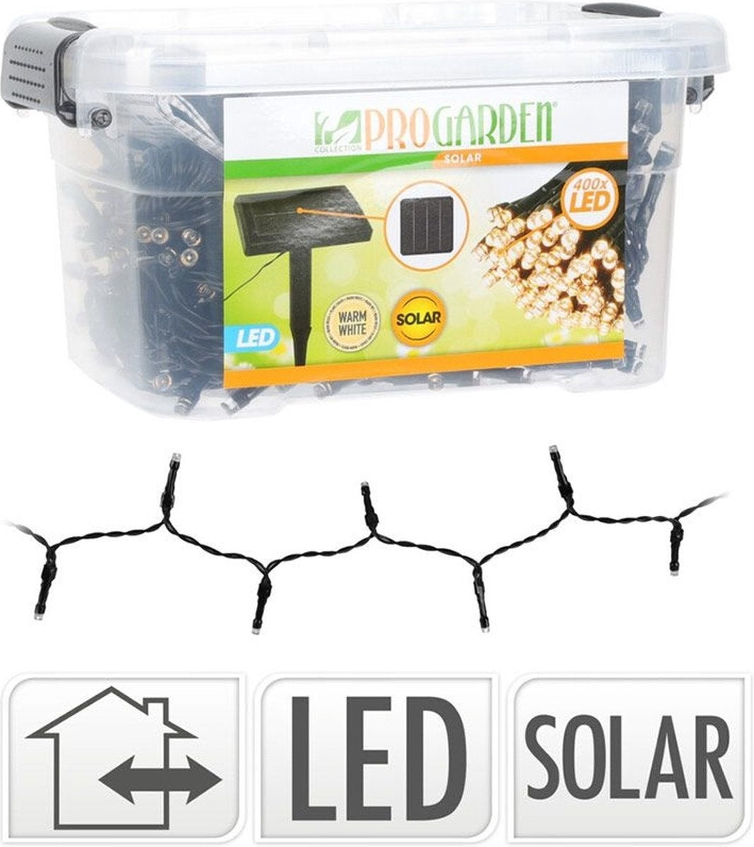 8720573460903 - Solar Lichtsnoer - 400 LED - 24 + 4 meter - Warm wit - met Bewaarbox