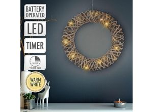 8720573660860 - Weihnachtskranz mit 15 Warmweiße LEDs Ø40 cm aus Metall & Rattan Türkranz mit Beleuchtung & Timer Innen batteriebetrieben Lichterkranz zum