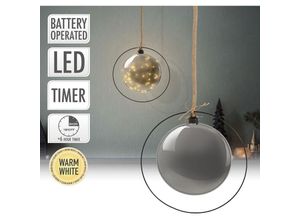 8720573746793 - Led Weihnachtskugel Ø15 cm Grau aus Metall mit 30 warmweißen LEDs 80cm Seil Glaskugel mit Beleuchtung & Metallring batteriebetrieb & Timer