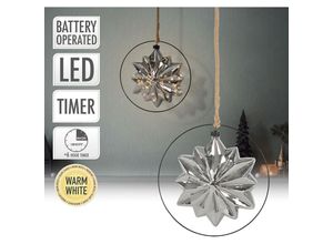 8720573746823 - Led Weihnachtsstern Ø18 cm Grau aus Metall mit 40 warmweißen LEDs 80cm Seil Glasstern mit Beleuchtung & Metallring batteriebetrieb & Timer