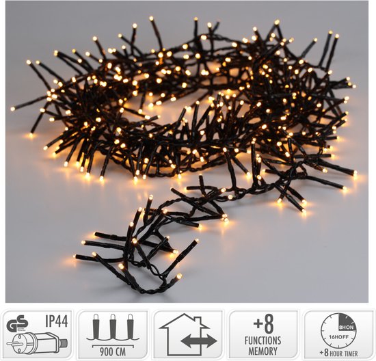 8720573754149 - Maxi Cluster Weihnachtsbeleuchtung - 600 led - 9m - extra warmweiß - Timer - Lichtfunktionen - Outdoor-Indoor Memory