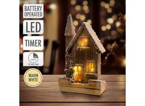 8720573764315 - Ecd Germany - Deko Weihnachtshaus mit LED-Beleuchtung 19x9x33 cm Braun aus Holz batteriebetrieben mit Timer Warmweiß Winterhaus Weihnachtsdeko