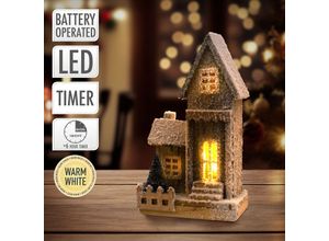 8720573764780 - Deko Weihnachtshaus mit LED-Beleuchtung 21x11x38 cm Braun aus Holz batteriebetrieben mit Timer Warmweiß Holzhaus & Tanne Winterhaus