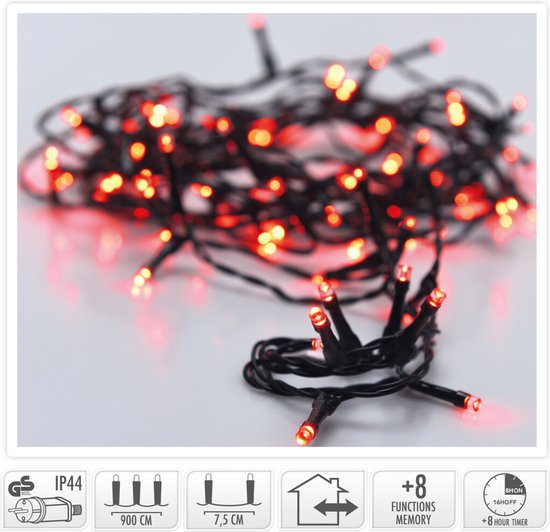 8720573811729 - Weihnachtsbeleuchtung 120 led- 9m - rot - Timer - Lichtfunktionen - Speicher - Außen - Innen