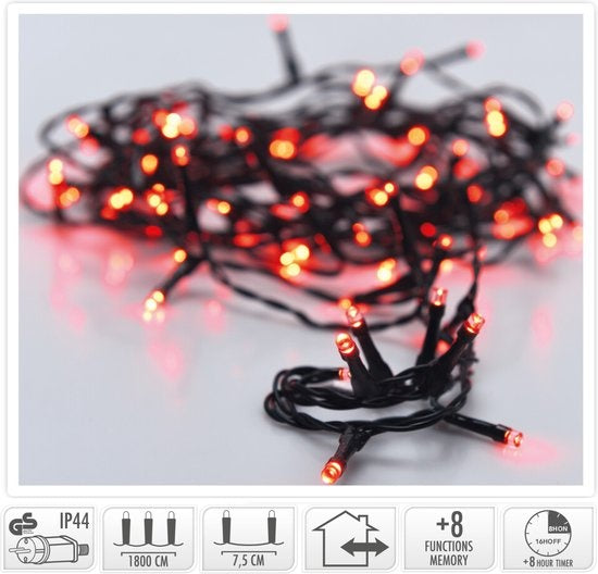 8720573811842 - Weihnachtsbeleuchtung 240 led- 18m - rot - Timer - Lichtfunktionen - Speicher - Außen-Innen