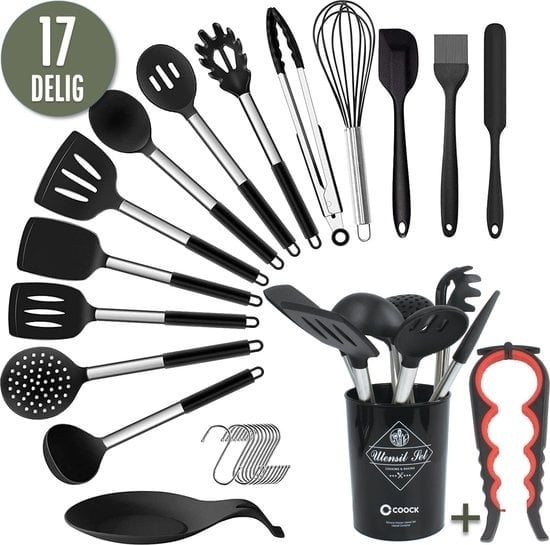 8720589186583 - COOCK Kitchenware Set mit Halter XL - Kochgeschirr-Set 17-teilig - Silikon - BPA-frei & plastikfrei - aufhängbar - inkl Öffner