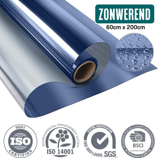 8720589186644 - Sunproof HR Fensterfolie 60x200cm - Statische Isolierfolie mit Spiegeleffekt - Blau (inkl Rakel)