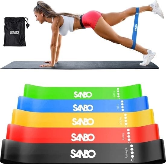 8720589320895 - Resistance Bands - 5er Set - Extra stark bis 18kg - 5 Farben - Inkl Aufbewahrungstasche - Resistance Band Set - Fitness Elastic