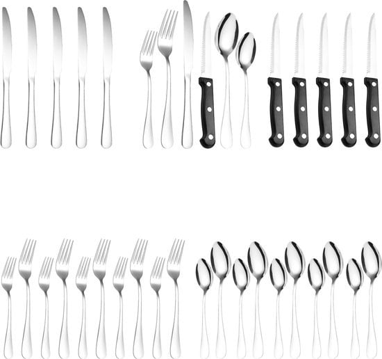 8720589320925 - Küchenbesteck Set - 4 Personen - Silber- Löffel Messer Gabeln & Steakmesser - Spülmaschinenfest - Geschirrsets