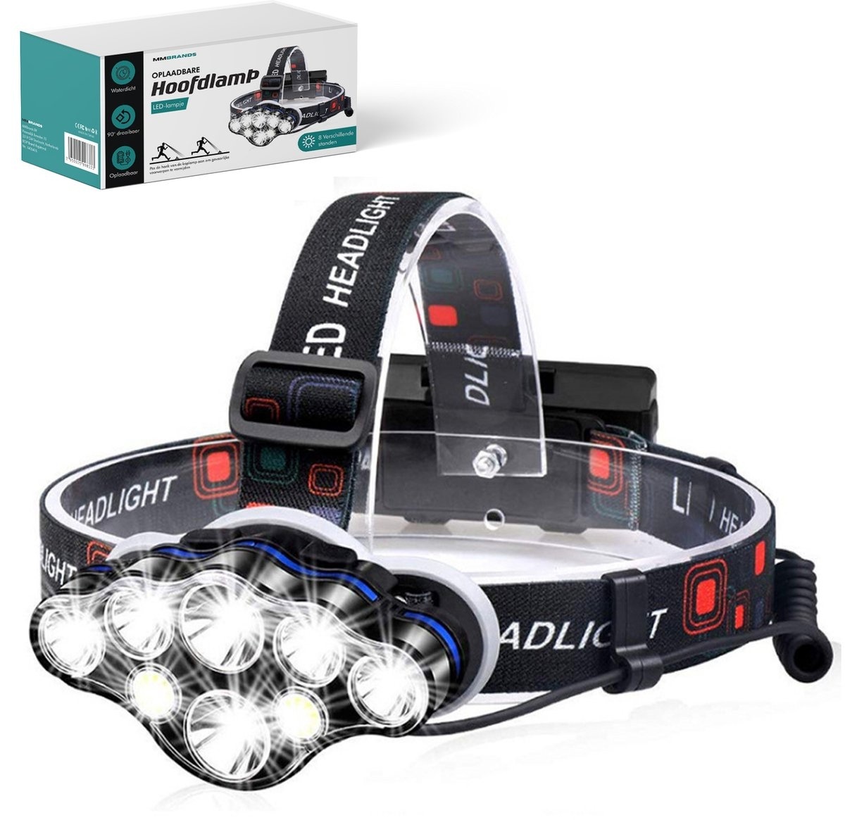 8720589588707 - MM Brands Headlamp - Running & Hiking Lights - Militärische LED-Beleuchtung - Taschenlampe - Wiederaufladbar - Wasserdicht - Weißes + rotes Licht