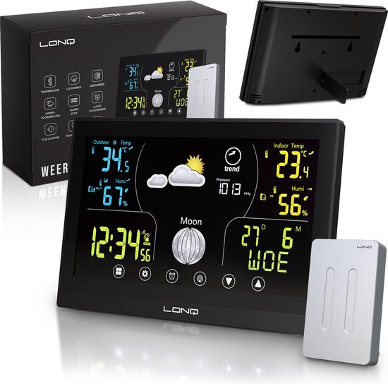 8720589774223 - LONQ Innen- und Außenwetterstation Q3 - inkl Batterien - Funkwetterstation mit Außensensor - Thermometer Hygrometer - Touchscreen Farbdisplay - DCF-gesteuerte Uhr