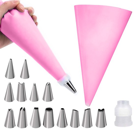 8720618346018 - Spritzbeutel mit Tüllen | wiederverwendbar | 14 Tüllen | rosa