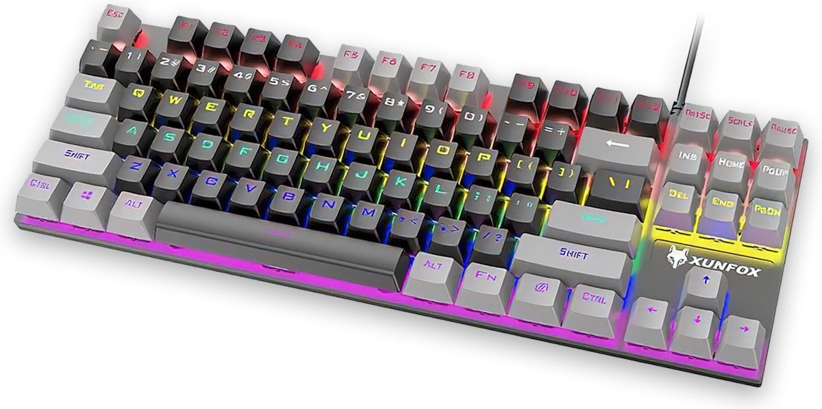 8720618356093 - XUNFOX K80 RGB mechanische 87Tasten TKL Gaming-Tastatur - Windows Mac Spiele-Tastatur - blauer Schalter - Mechanische Tastatur - QWERTY - Anti-Ghosting Spiele-Tastaturen - Schwarz Grau